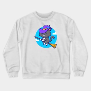 Cute Witch Cat Riding Magic Broom Cartoon Crewneck Sweatshirt